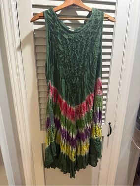 Boho Green Tie-Dye Maxi Dress with Multicolor Chevron